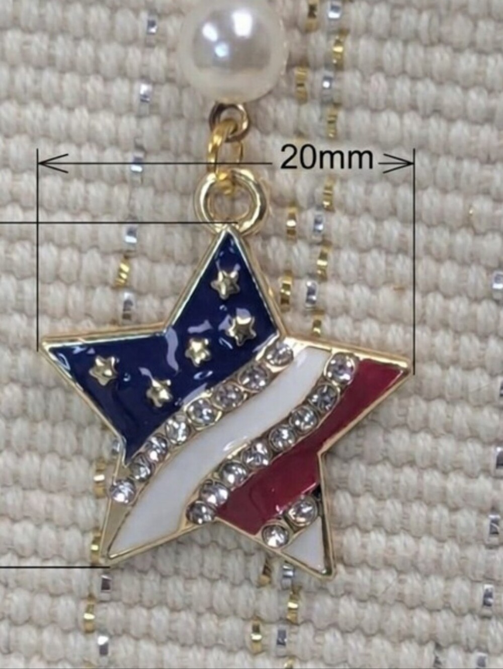 Patriotic Star Pearl Drop Earrings Red White Blue Rhinestone 4th of July USA